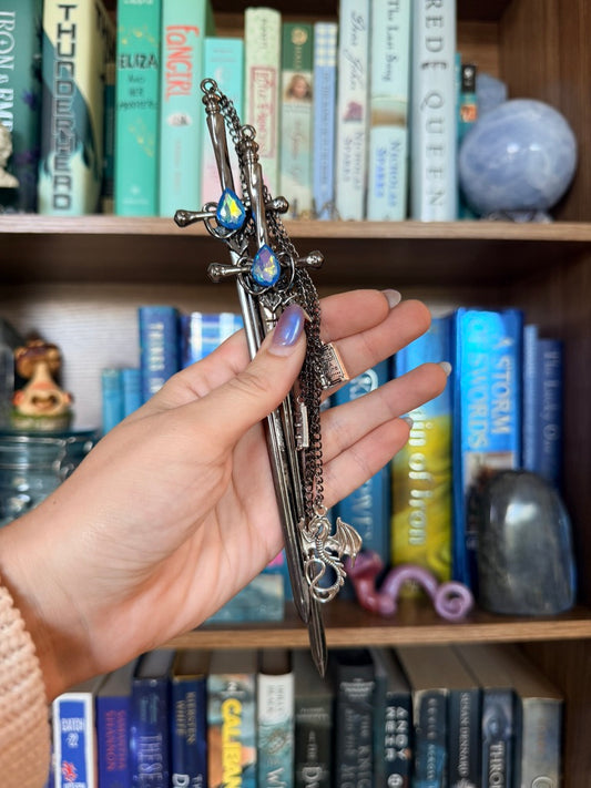 Black + Iridescent Blue Bookwyrm Double Hair Swords
