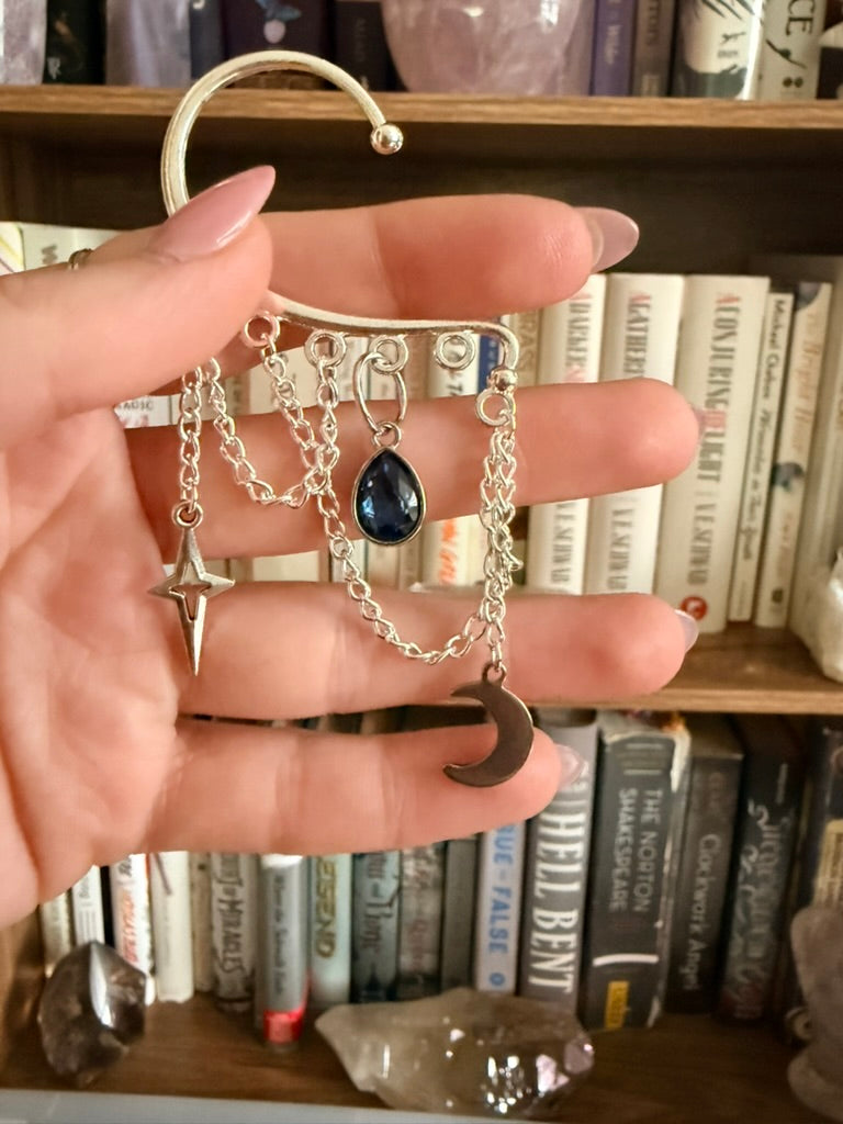 Silver + Blue Moon + Star Ear Cuffs