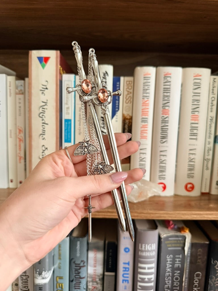 Silver + Peach Luna Moth Double Hair Swords