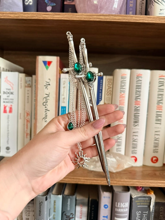 Silver + Green Bee Double Hair Swords