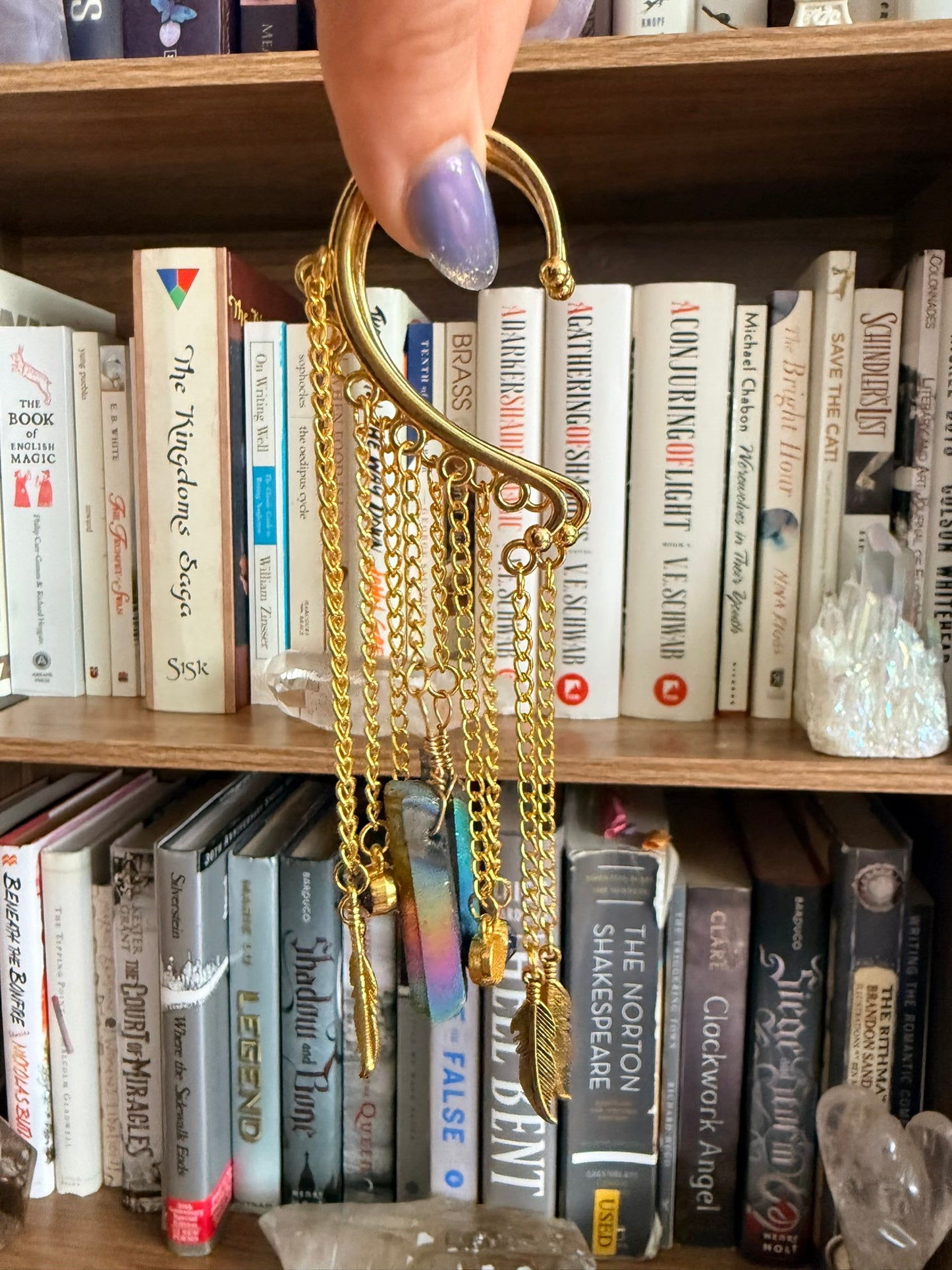 Gold Feather + Crystal Simple Ear Cuffs