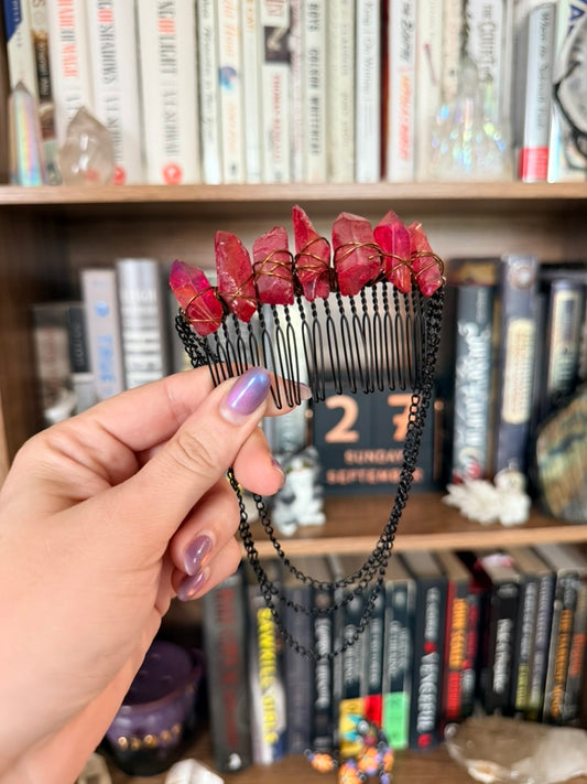Black + Red Quartz Crystal Hair Comb