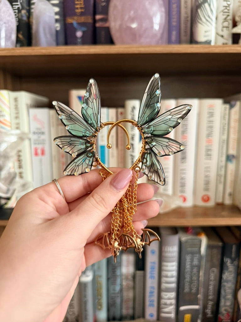 Gold + Teal Bat Fairy Wing Ear Cuffs