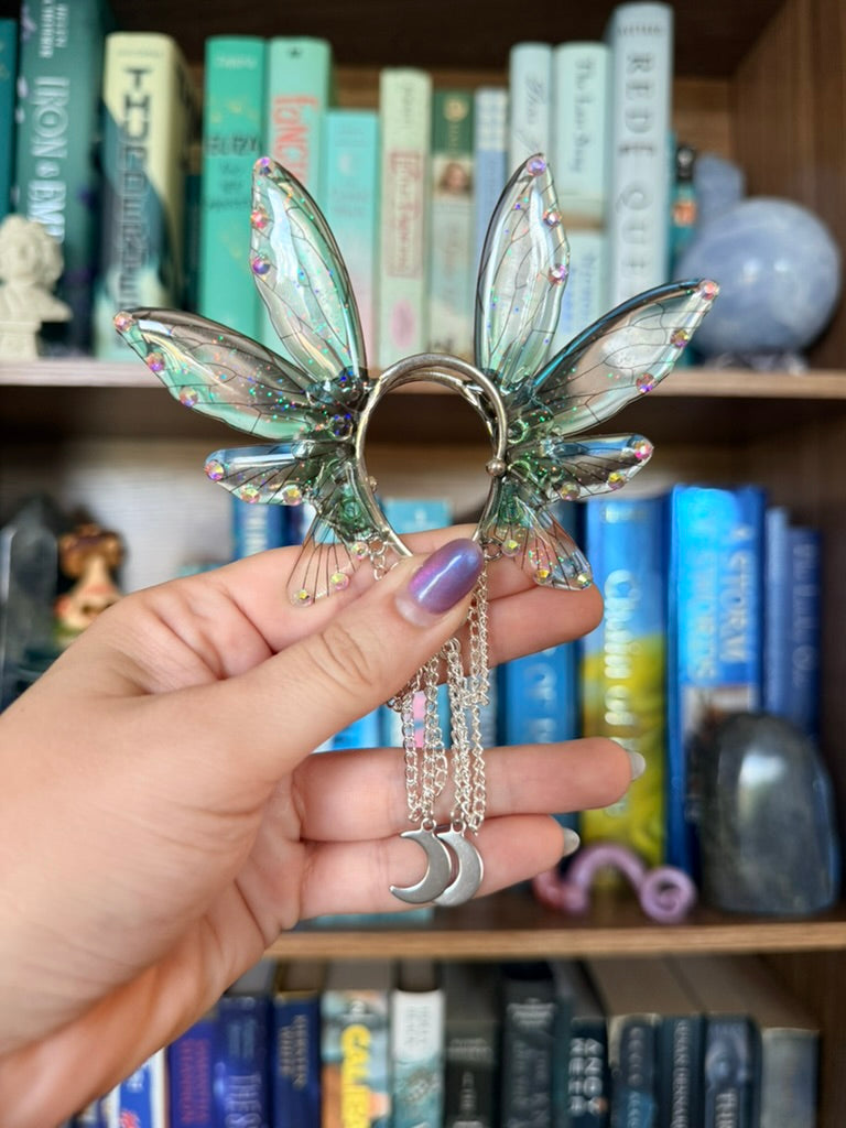 Silver + Green Moon Fairy Wing Ear Cuffs