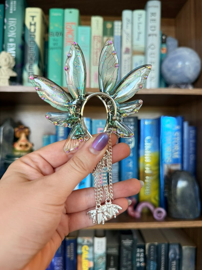 Silver + Green Bee Fairy Wing Ear Cuffs