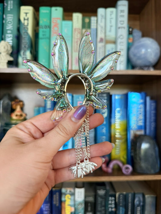 Silver + Green Bee Fairy Wing Ear Cuffs