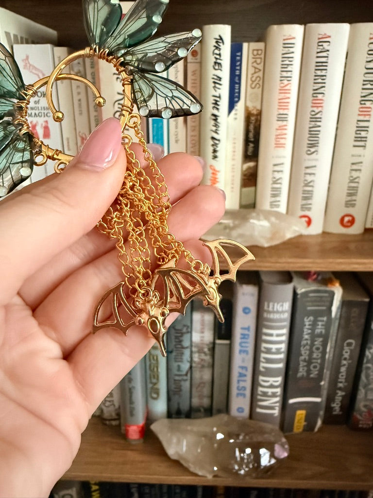 Gold + Teal Bat Fairy Wing Ear Cuffs