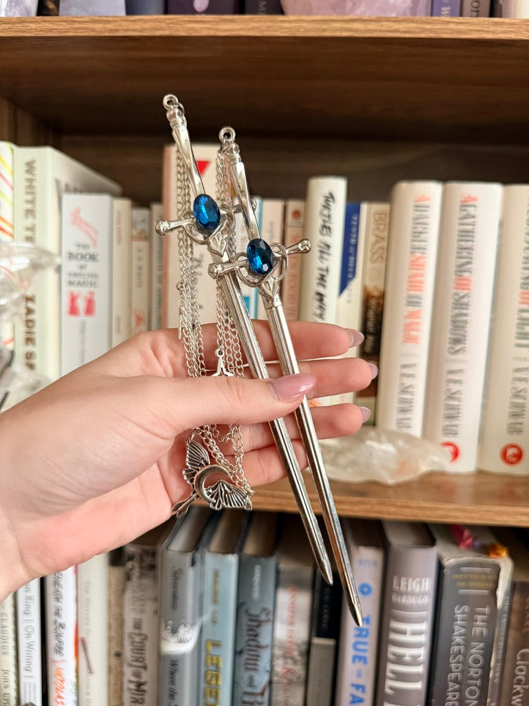 Silver + Teal Luna Moth Double Hair Swords