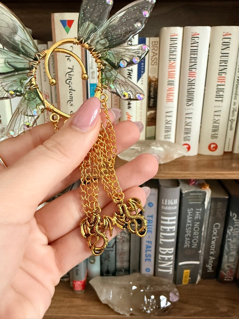 Gold + Green Dragon Fairy Wing Ear Cuffs