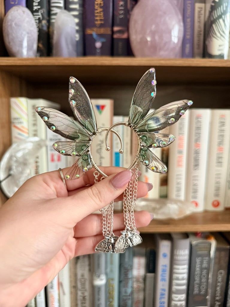 Silver + Green Moth Fairy Wing Ear Cuffs