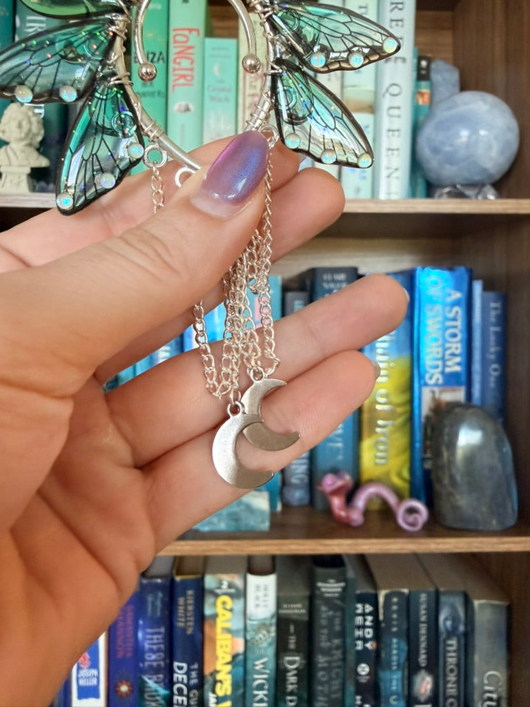 Silver + Teal Moon Fairy Wing Ear Cuffs