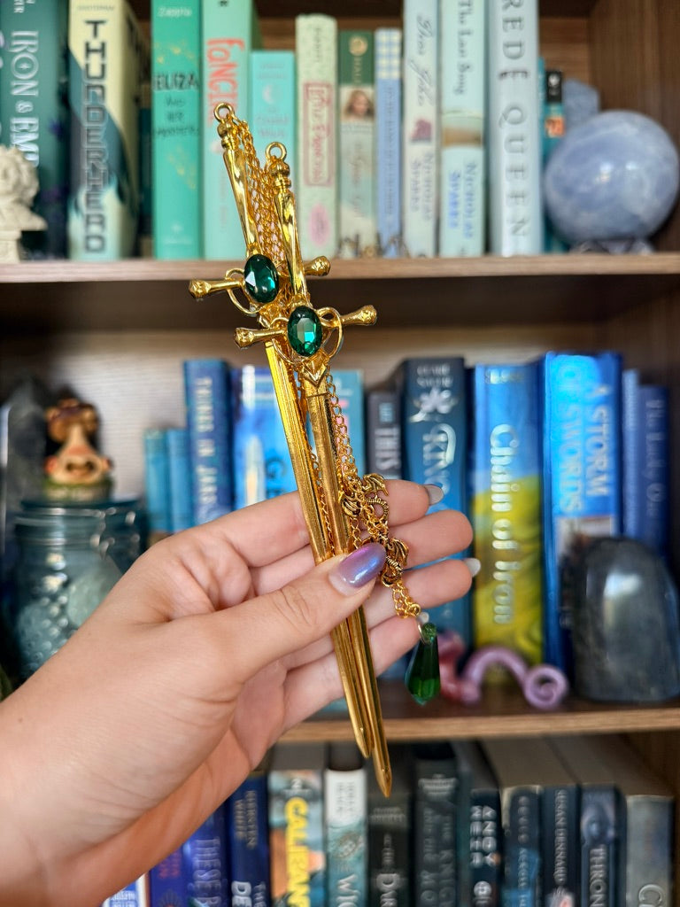 Gold + Green Dragonslayer Double Hair Swords