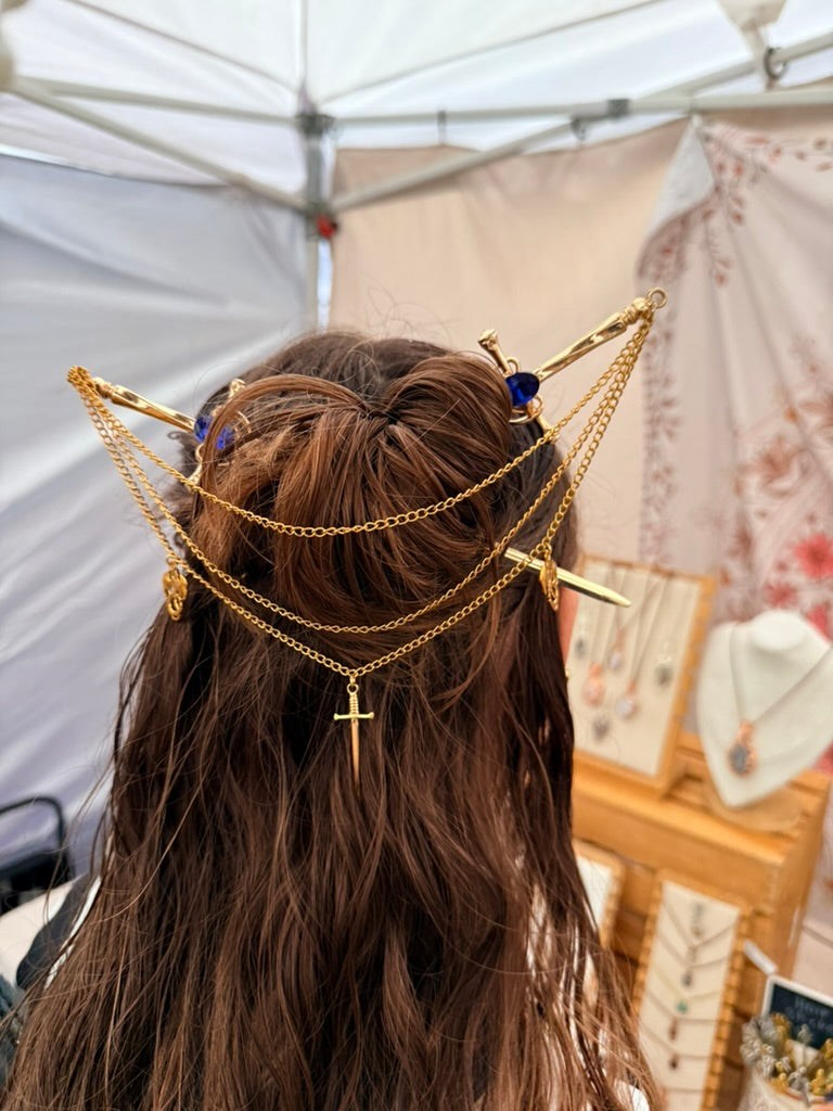 Silver + Teal Luna Moth Double Hair Swords