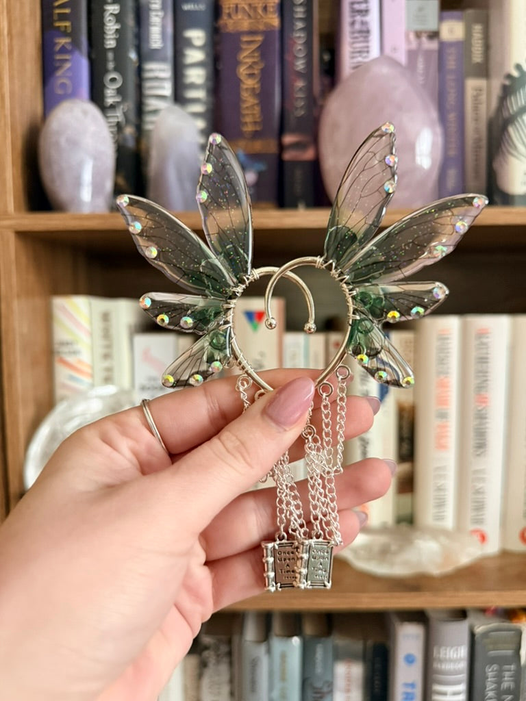 Silver + Green Book Fairy Wing Ear Cuffs