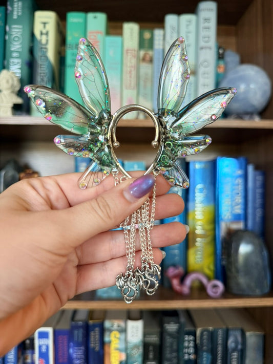 Silver + Green Dragon Fairy Wing Ear Cuffs
