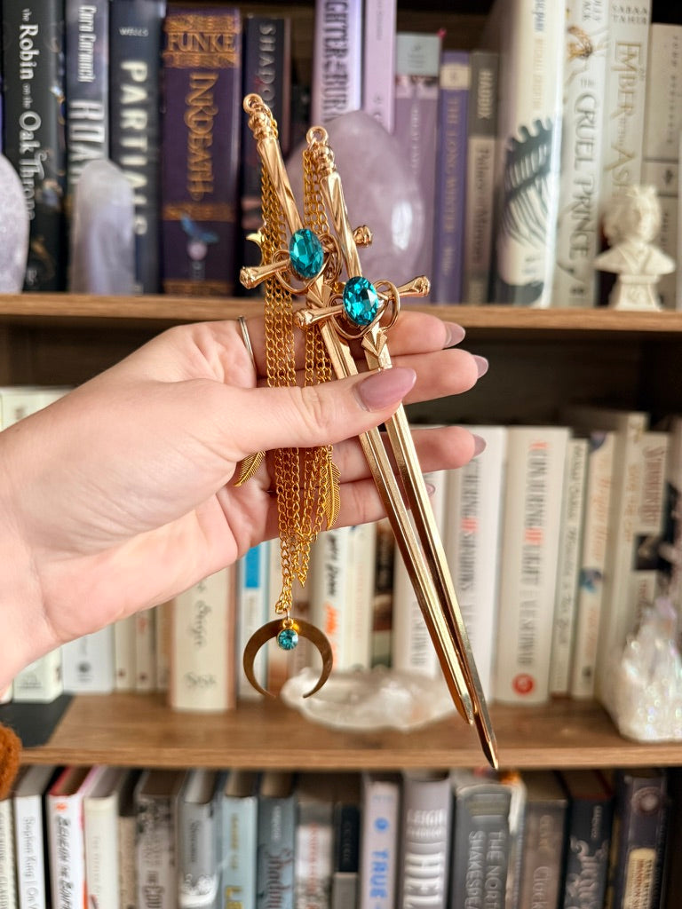 Gold + Blue Moon Double Hair Swords