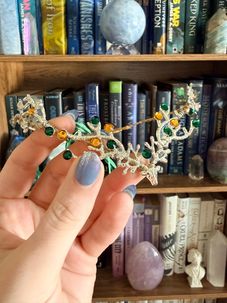 Silver + Green Stag Circlet Tiara (Small)