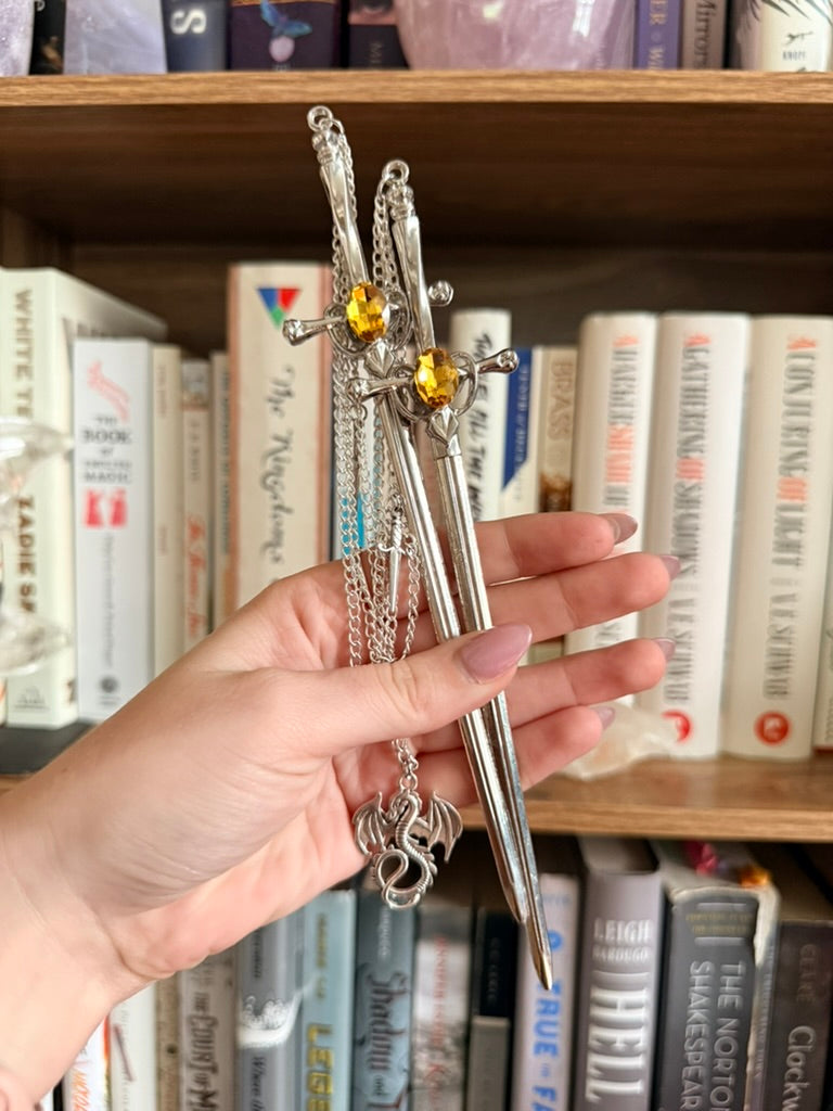 Silver + Yellow Dragonslayer Double Hair Swords