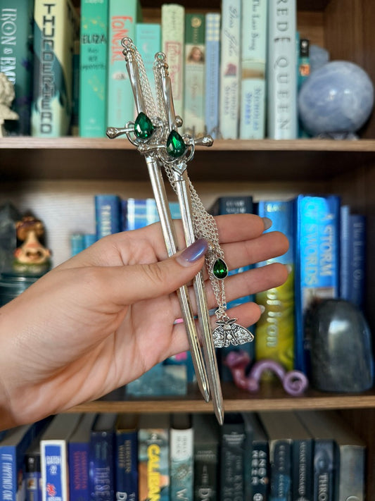 Silver + Green Luna Moth Double Hair Swords