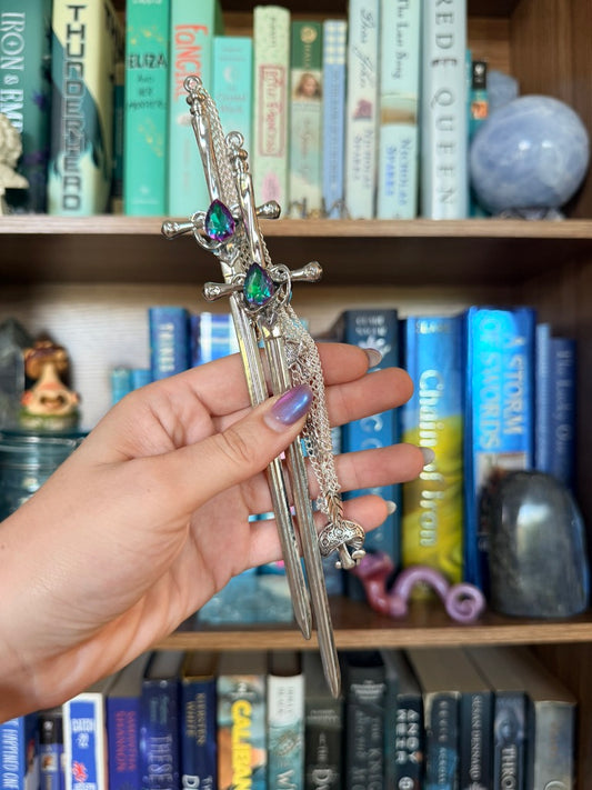 Silver + Iridescent Green/Purple Mushroom Forest Double Hair Swords