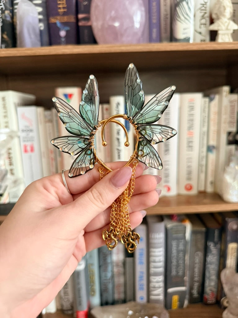 Gold + Teal Dragon Fairy Wing Ear Cuffs