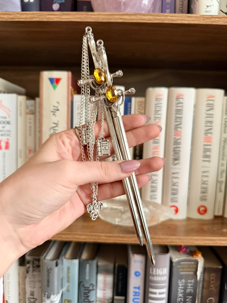 Silver + Yellow Bookwyrm Double Hair Swords
