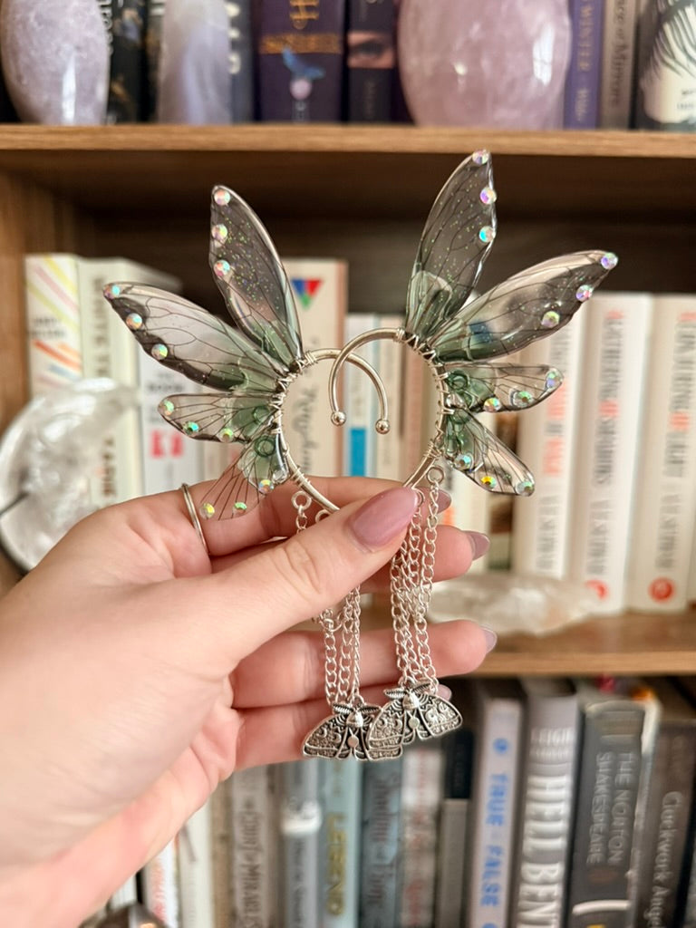 Silver + Green Moth Fairy Wing Ear Cuffs
