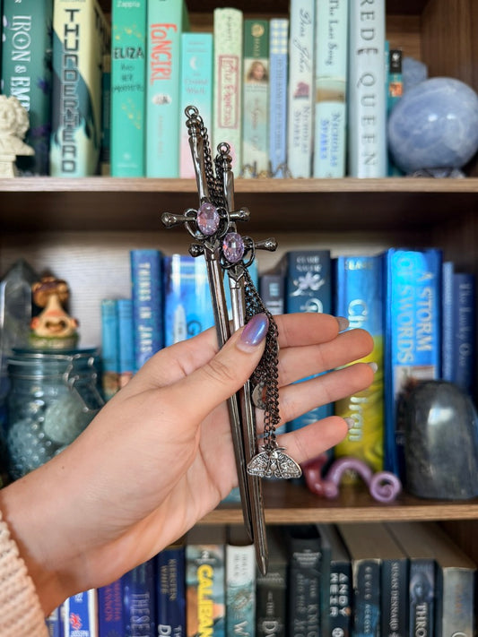 Black + Lavender Luna Moth Double Hair Swords