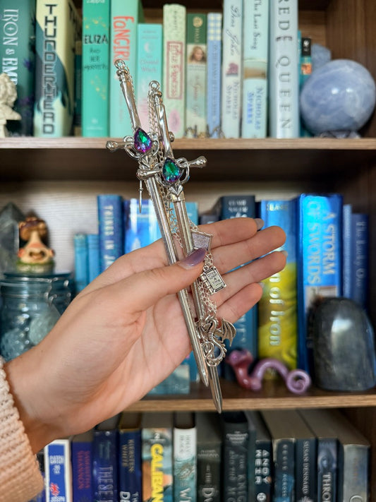 Silver + Iridescent Green/Purple Bookwyrm Double Hair Swords