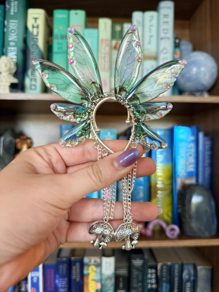 Silver + Green Mushroom Fairy Wing Ear Cuffs