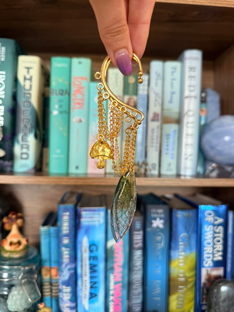 Gold + Green Mushroom Fairy Ear Cuffs