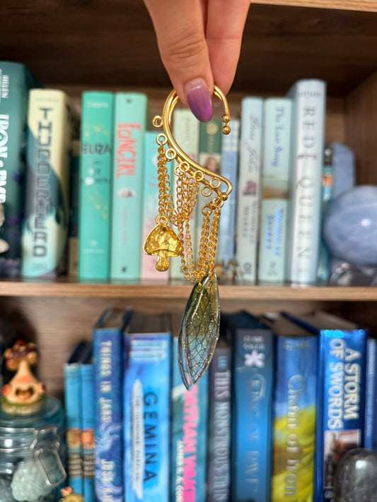 Gold + Green Mushroom Fairy Ear Cuffs