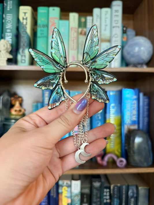 Silver + Teal Moon Fairy Wing Ear Cuffs