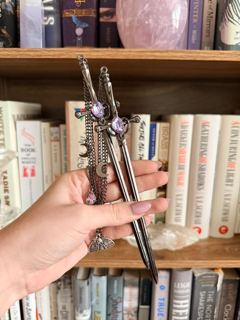 Black + Lavender Luna Moth Double Hair Swords