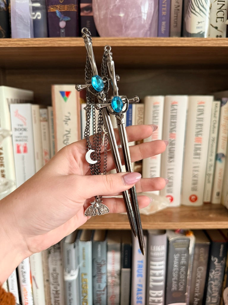 Black + Teal Luna Moth Double Hair Swords
