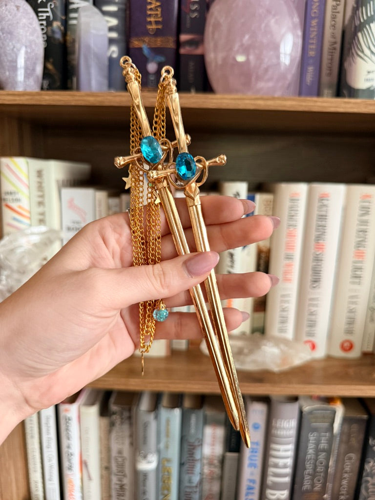 Gold + Teal Moon + Star Double Hair Swords