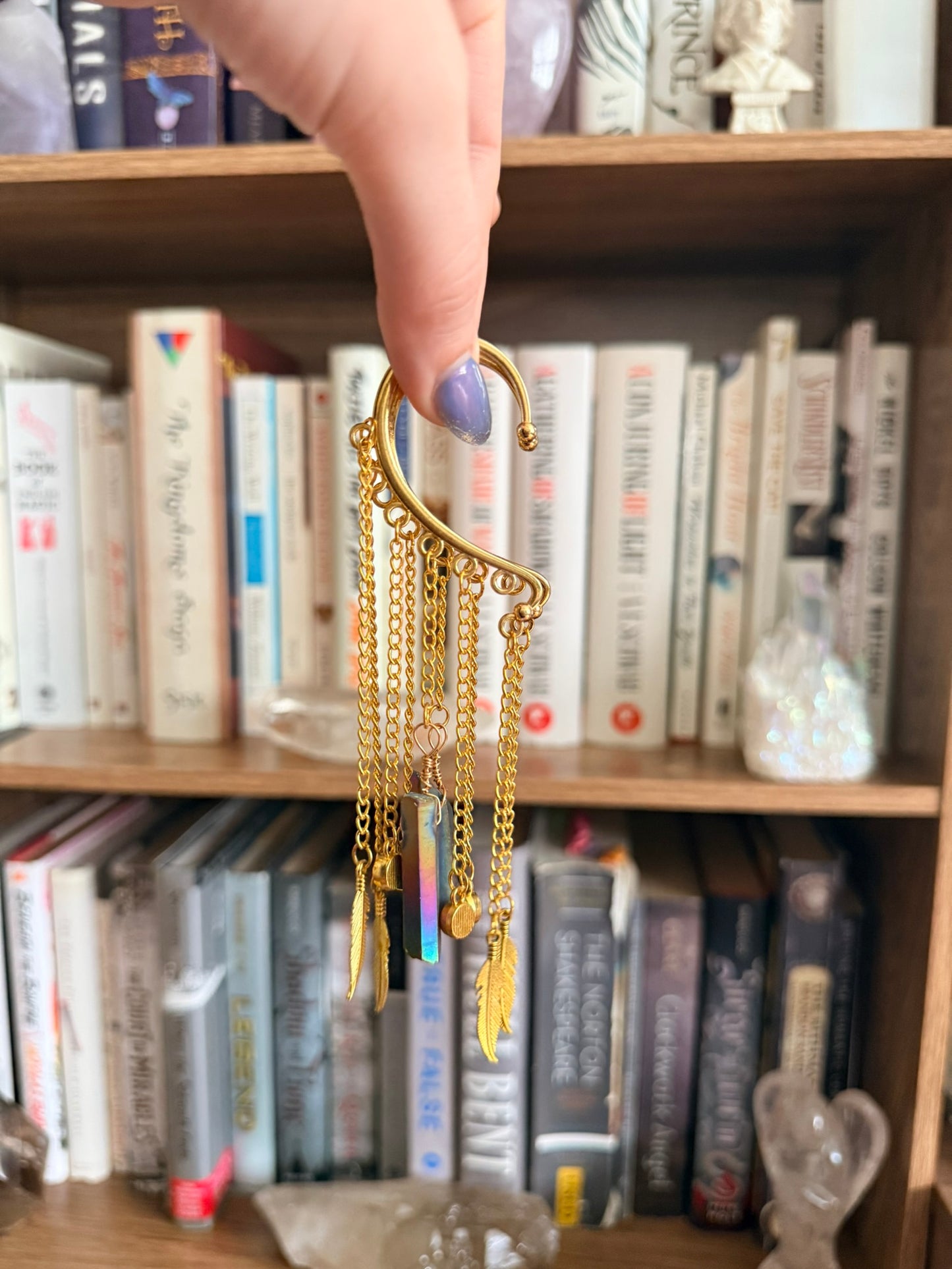 Gold Feather + Crystal Simple Ear Cuffs