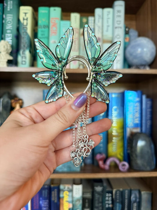 Silver + Teal Dragon Fairy Wing Ear Cuffs
