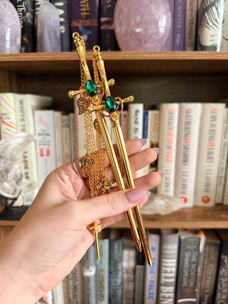 Gold + Green Dragonslayer Double Hair Swords