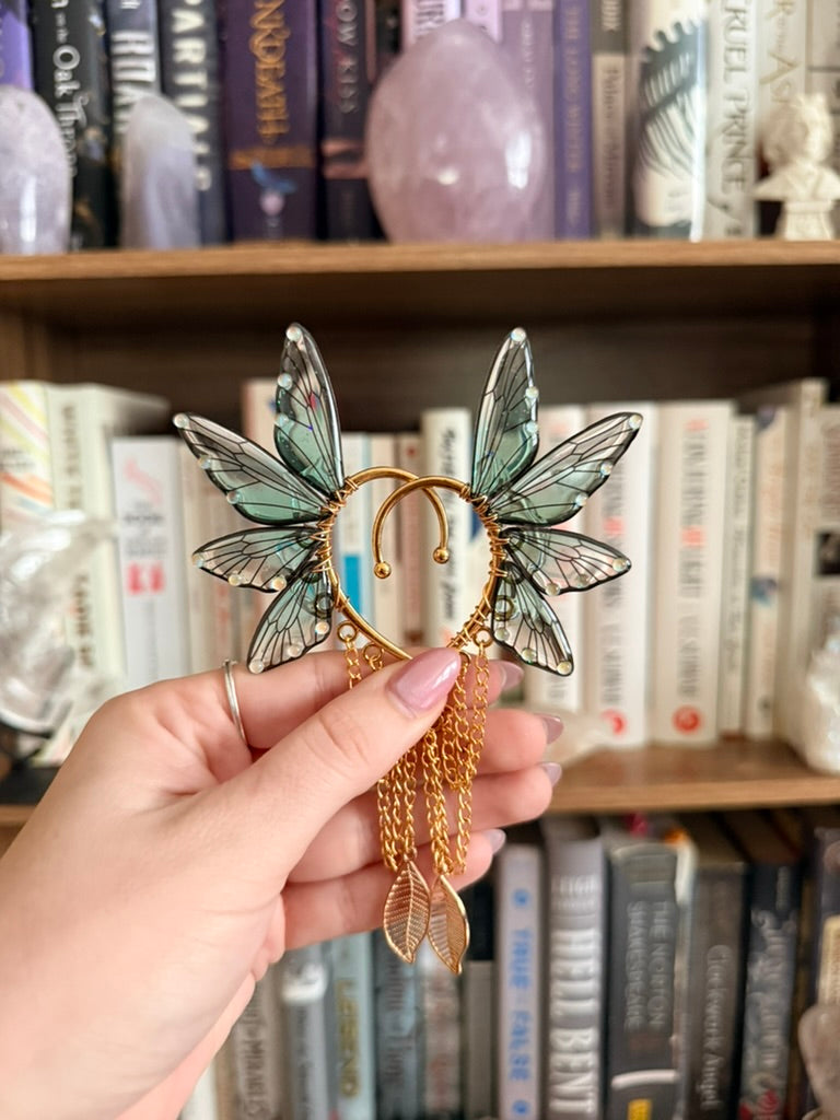 Gold + Teal Leaf Fairy Wing Ear Cuffs