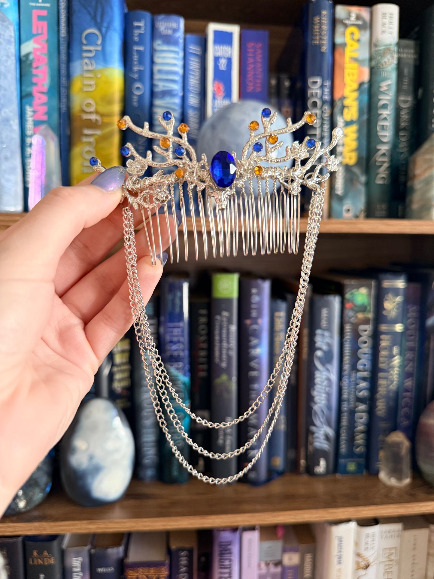 Silver + Blue Stag Hair Comb