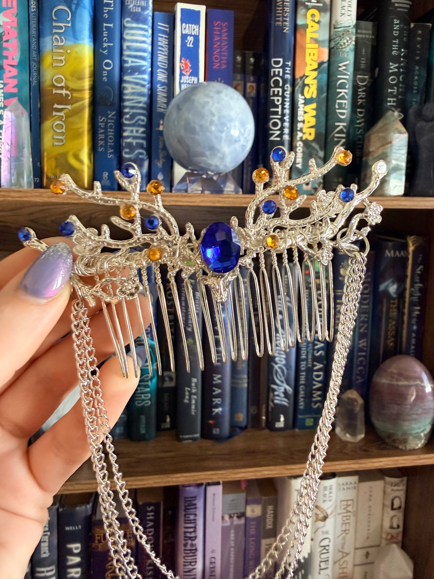 Silver + Blue Stag Hair Comb