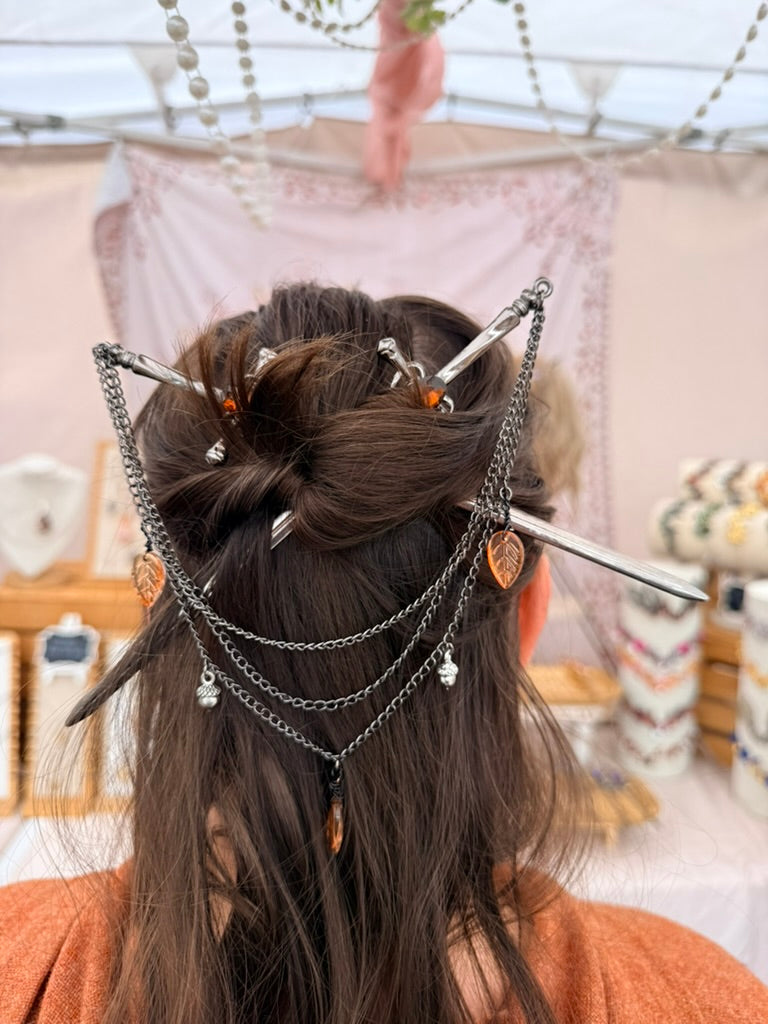 Silver + Teal Luna Moth Double Hair Swords