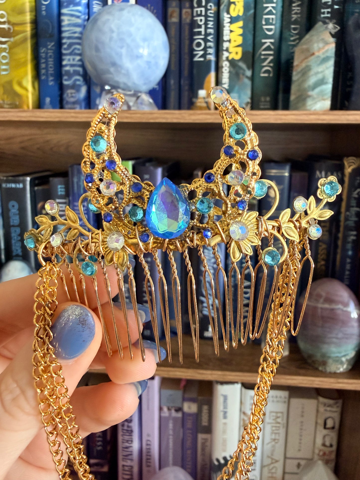 Gold + Light Blue Moon Hair Comb