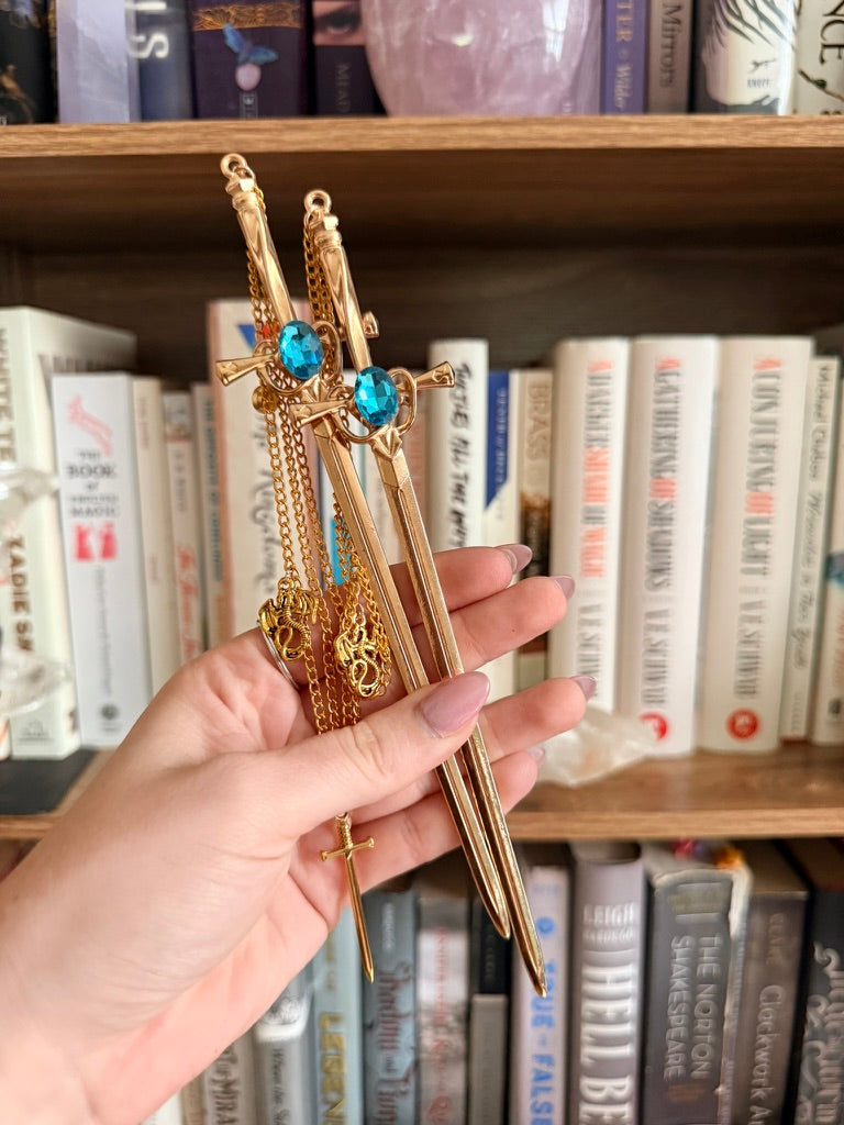 Gold + Teal Dragonslayer Double Hair Swords