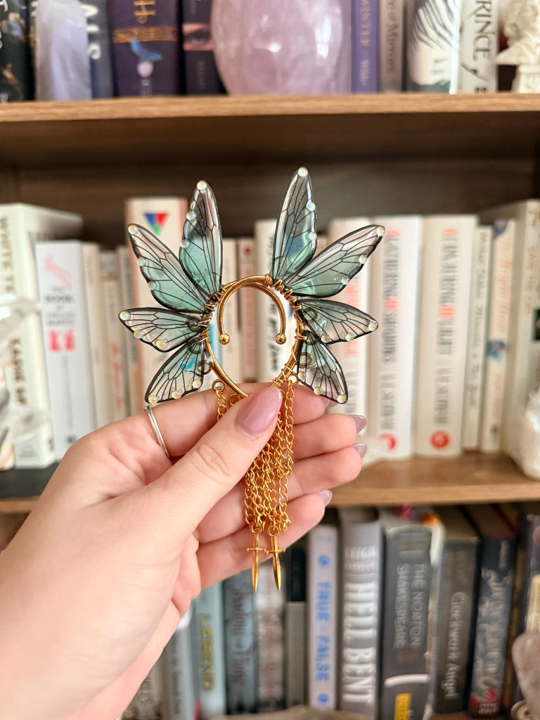 Gold + Teal Dagger Fairy Wing Ear Cuffs