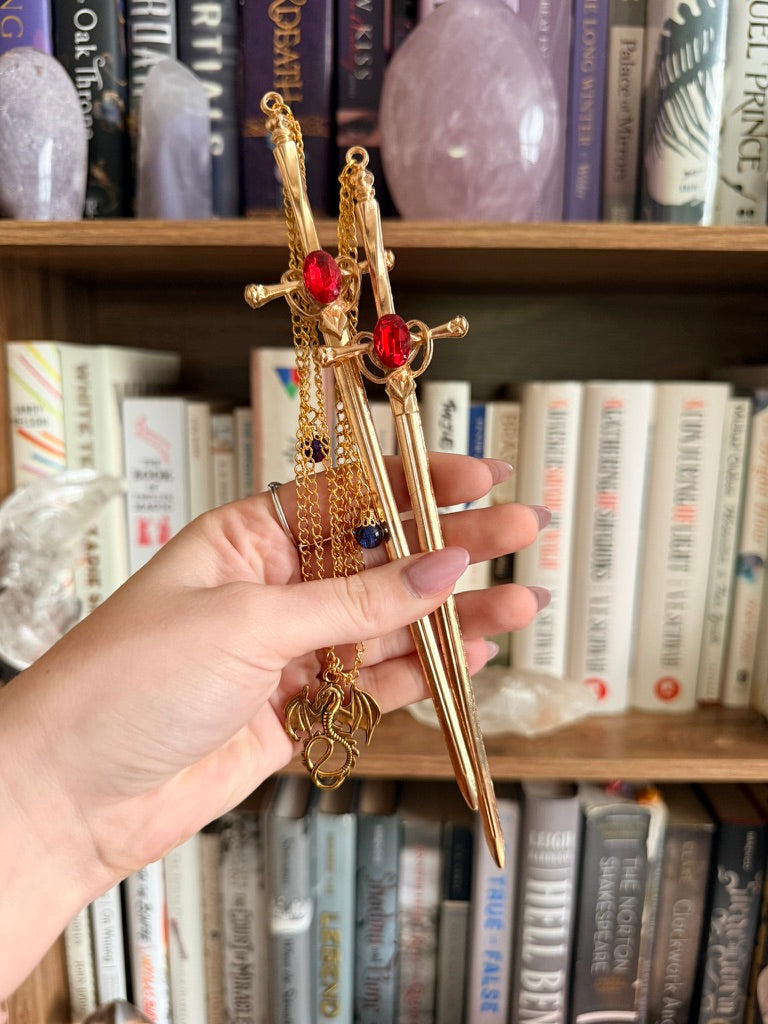 Gold + Red Dragon Double Hair Swords