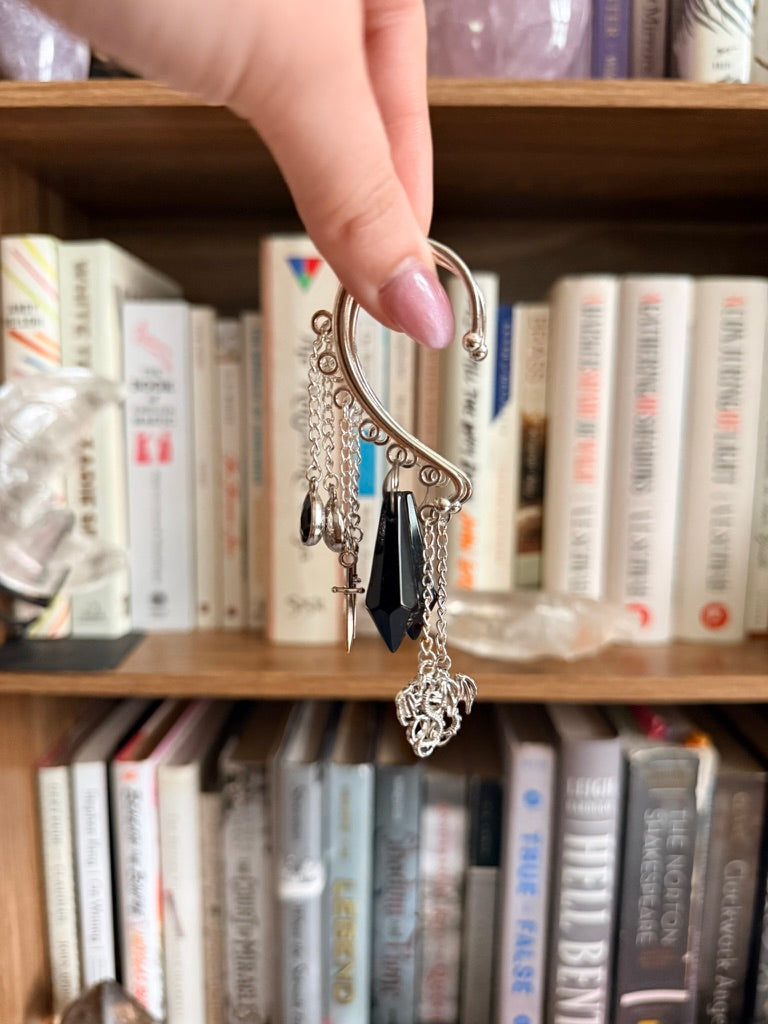 Silver+ Black Crystals Dragonslayer Ear Cuffs