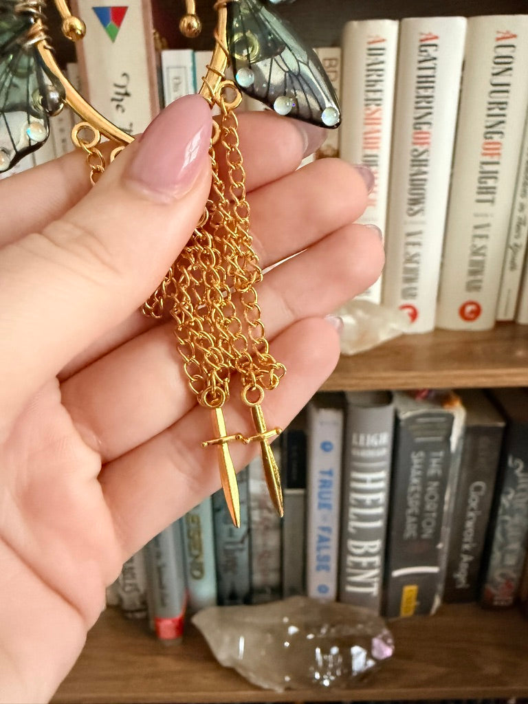 Gold + Teal Dagger Fairy Wing Ear Cuffs