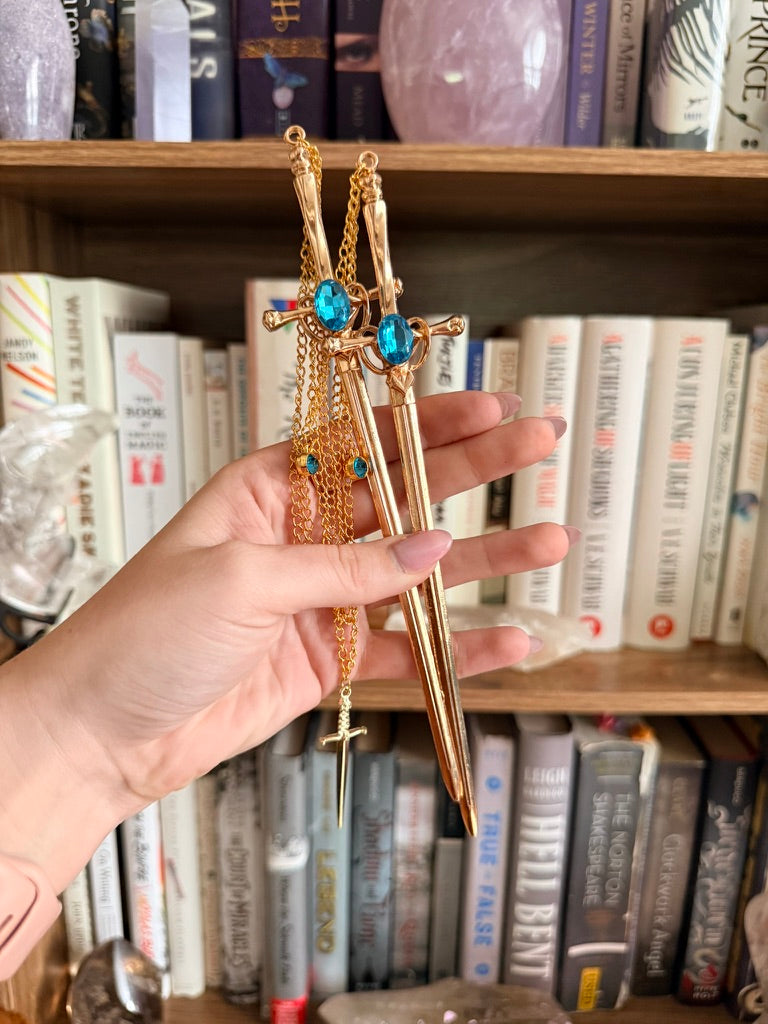 Gold + Teal Dagger Double Hair Swords